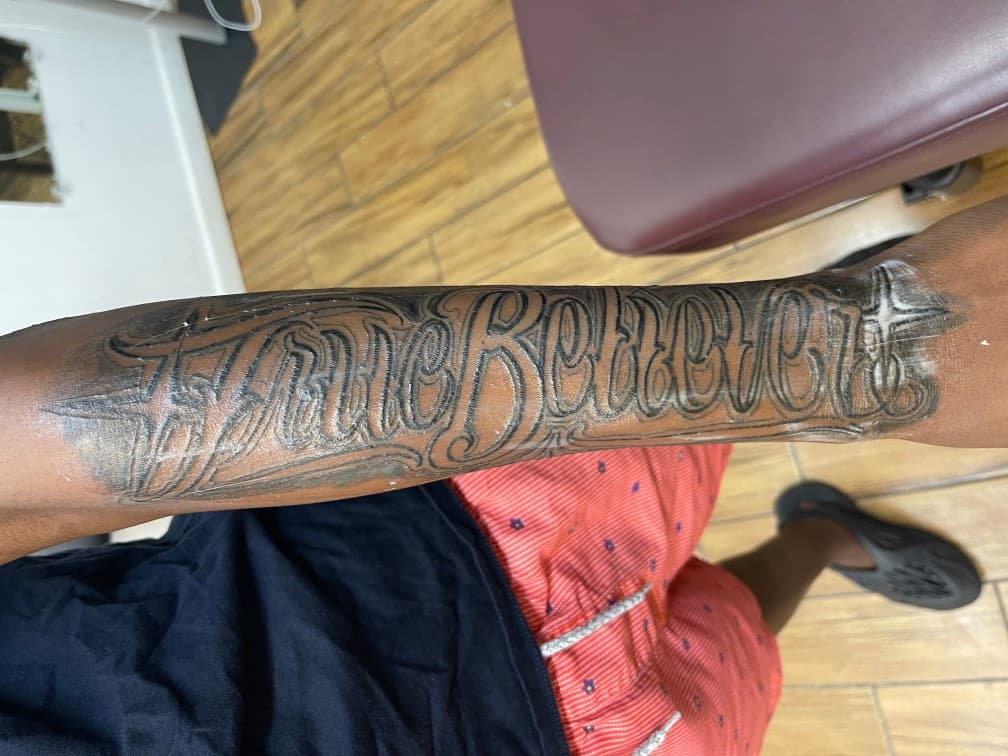 Lettering + Script ornamental tattoo on Forearm by Chris on TattMe
