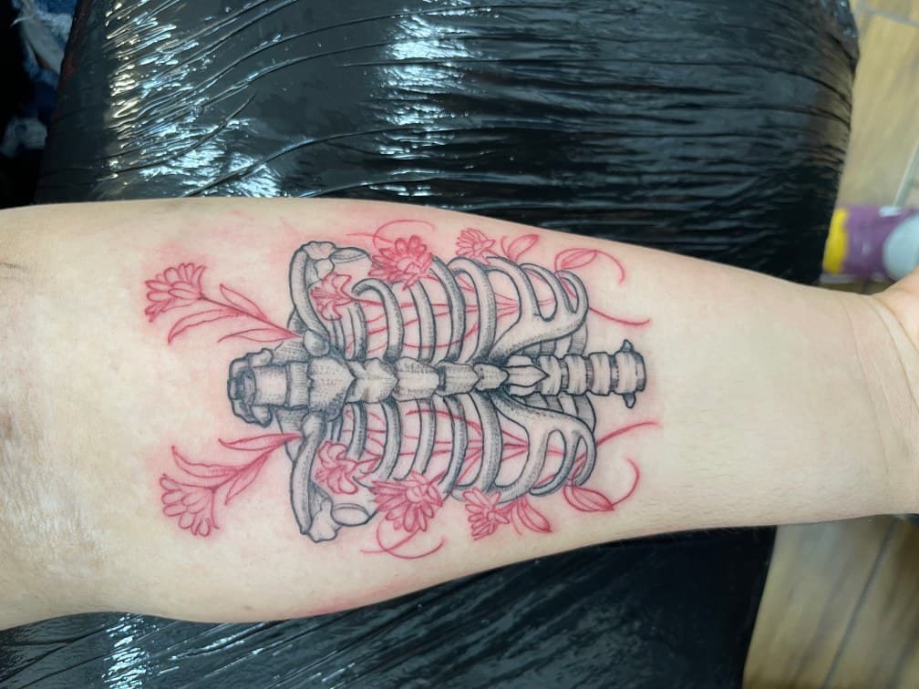 Fine Line + Black & Grey rib cage tattoo on Calf by Chris on TattMe