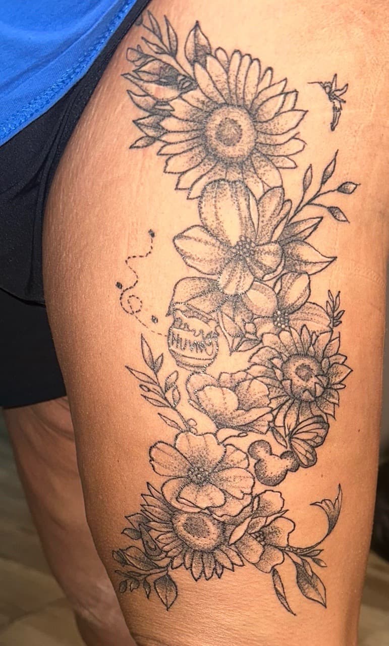 Fine Line + Dot-work flowers tattoo on Thigh by Tattoos_by_Haylee on TattMe