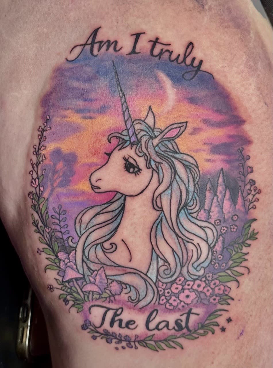 Color + Illustrative unicorn tattoo on Upper Arm by Tattoos_by_Haylee on TattMe
