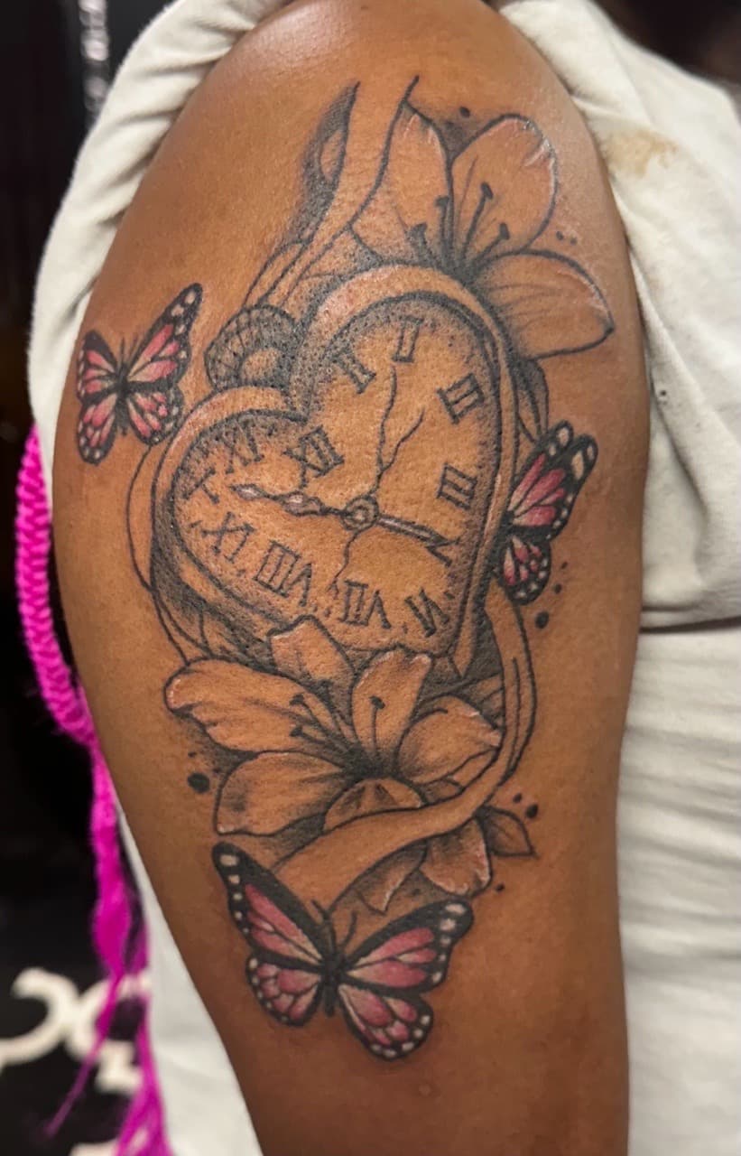 Black & Grey + Floral clock tattoo on Upper Arm by Tattoos_by_Haylee on TattMe