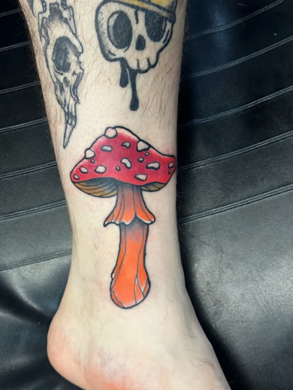 Traditional + Color mushroom tattoo on Shin by Tattoos_by_Haylee on TattMe
