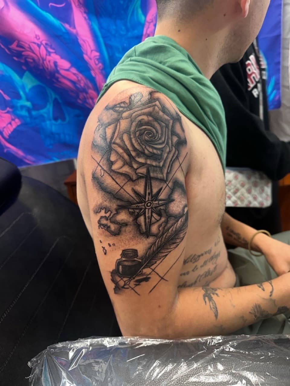 Black & Grey + Illustrative rose tattoo on Upper Arm by Tattoos_by_Haylee on TattMe