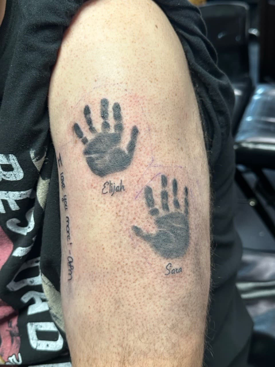 Lettering + Black & Grey handprints tattoo on Upper Arm by Tattoos_by_Haylee on TattMe