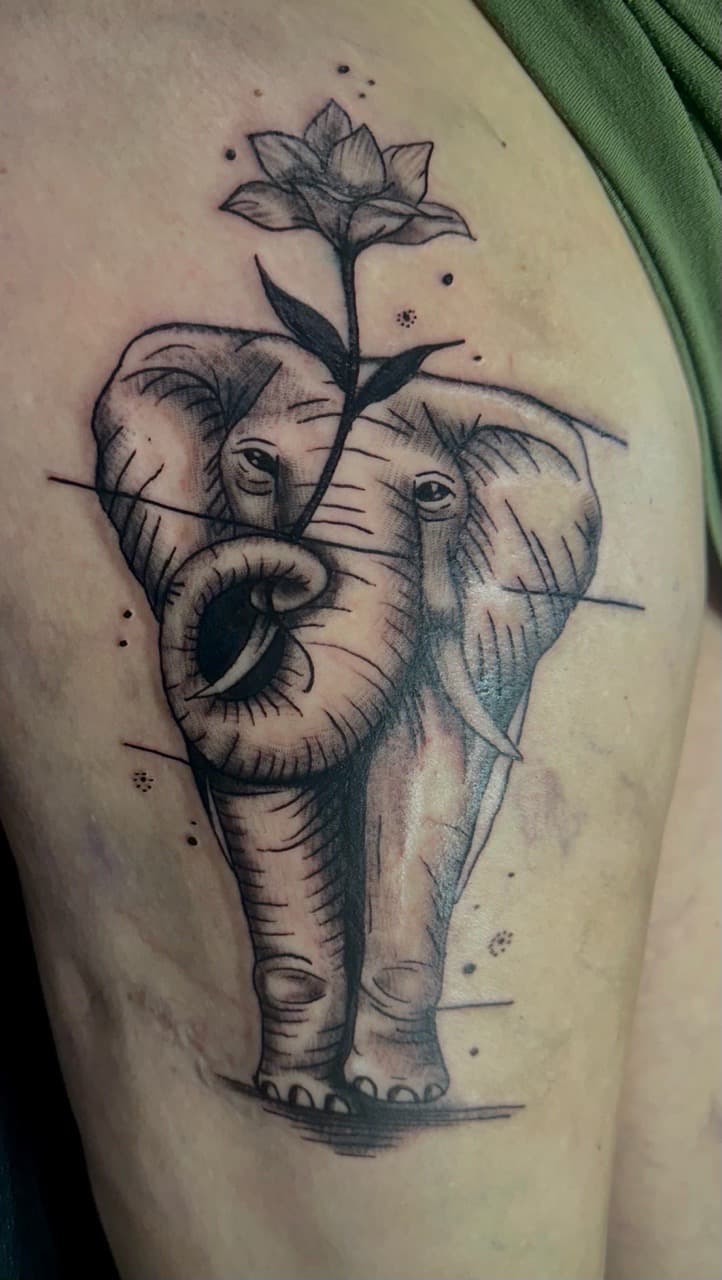 Black & Grey + Illustrative elephant tattoo on Thigh by Tattoos_by_Haylee on TattMe