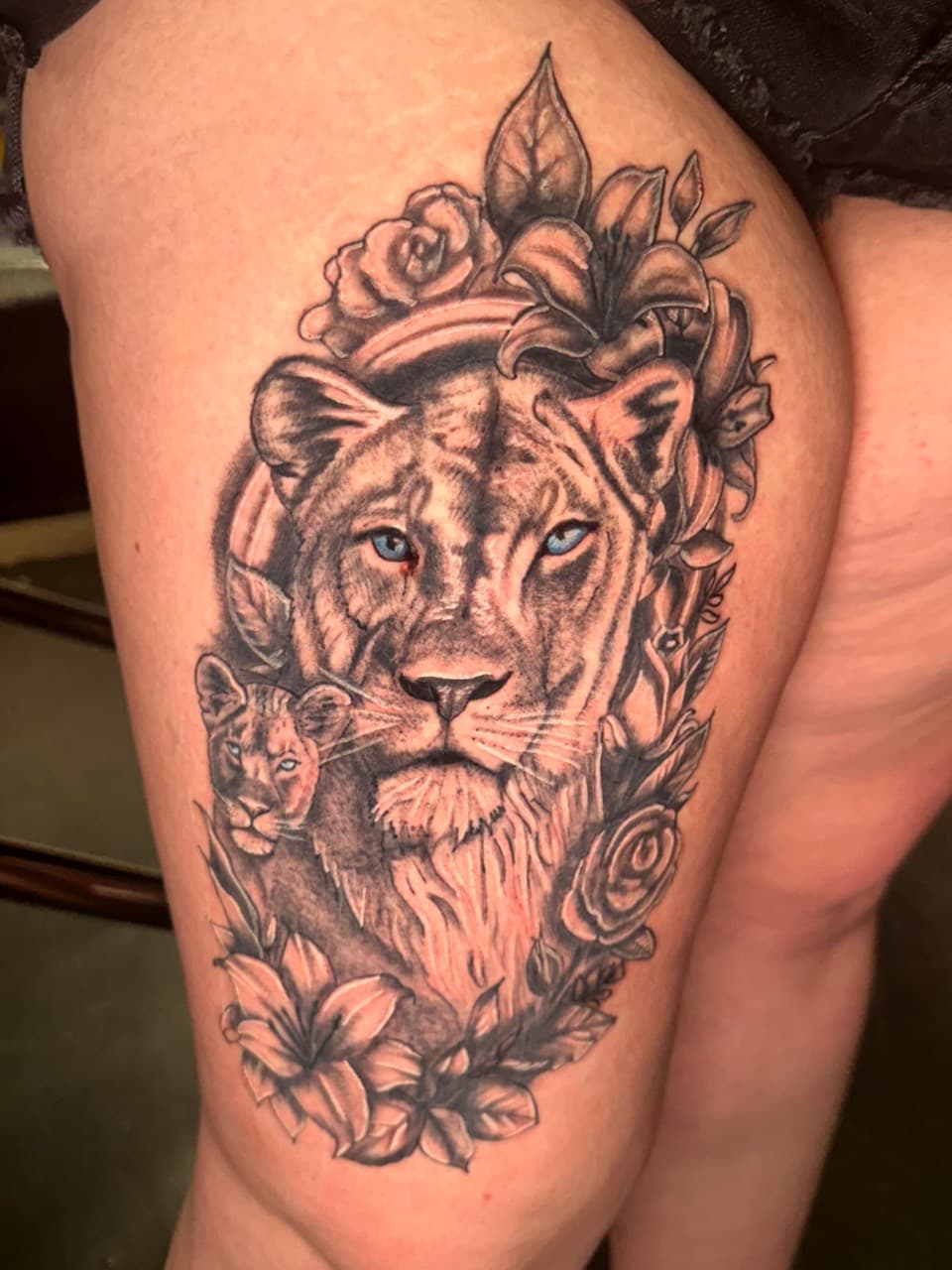 Black & Grey + Realism lioness tattoo on Thigh by Tattoos_by_Haylee on TattMe