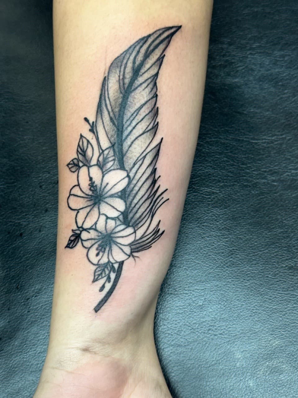 Fine Line + Black & Grey feather tattoo on Forearm by Tattoos_by_Haylee on TattMe