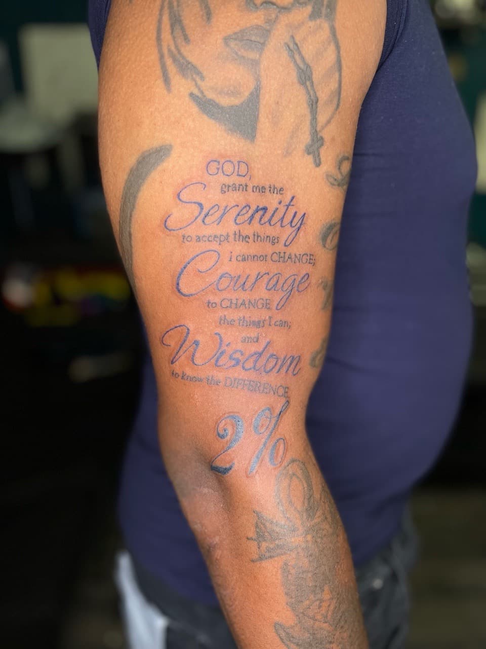 Lettering + Script serenity prayer tattoo on Upper Arm by Ariesinkedme on TattMe