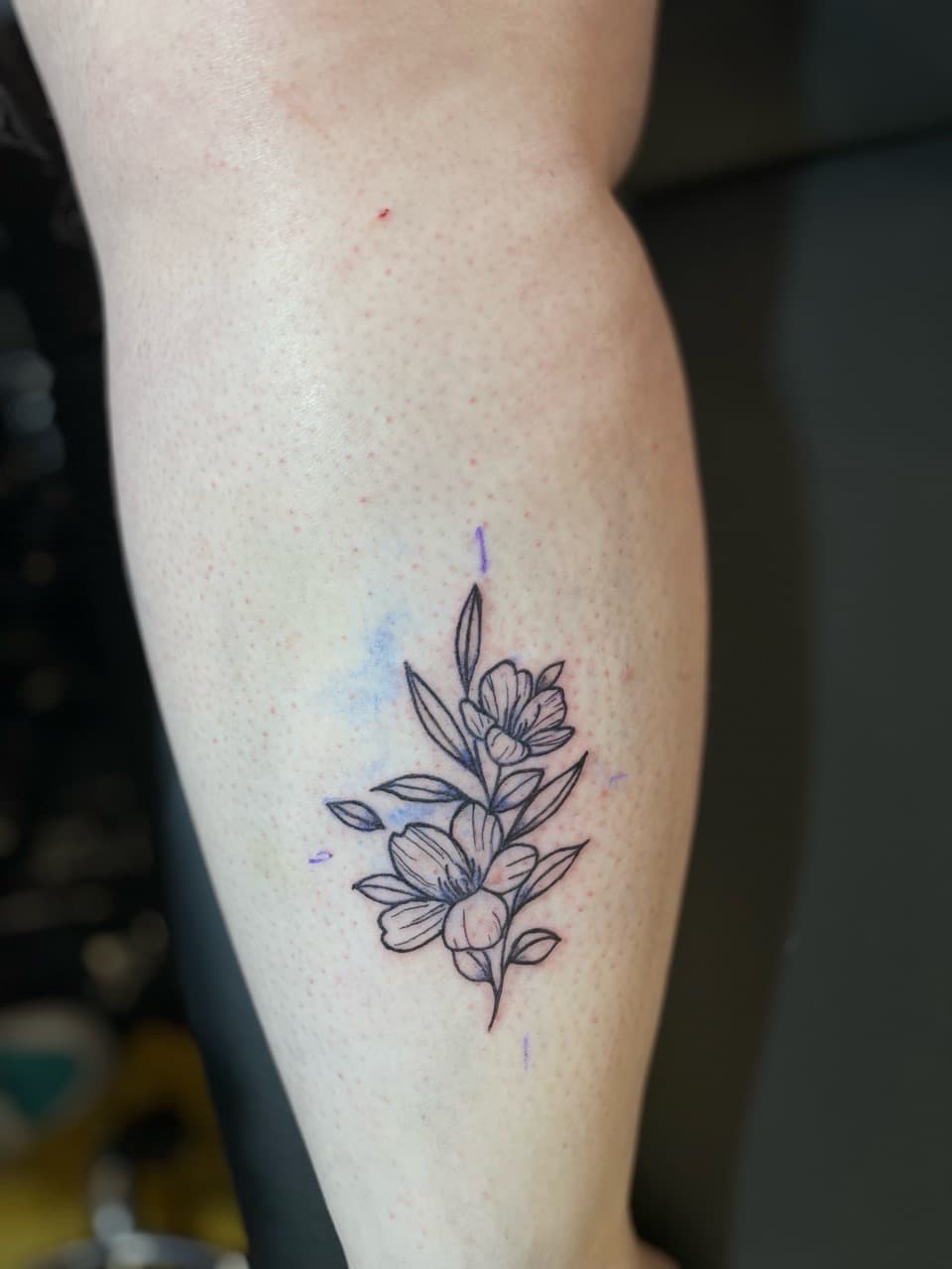 Fine Line + Floral flowers tattoo on Calf by Ariesinkedme on TattMe