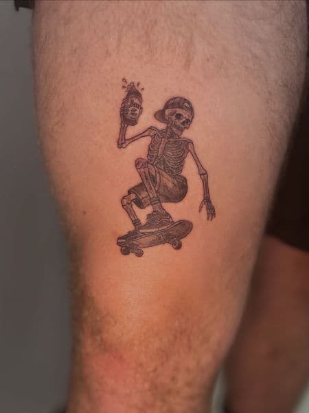 Line-work + Illustrative skeleton tattoo on Thigh by Ariesinkedme on TattMe