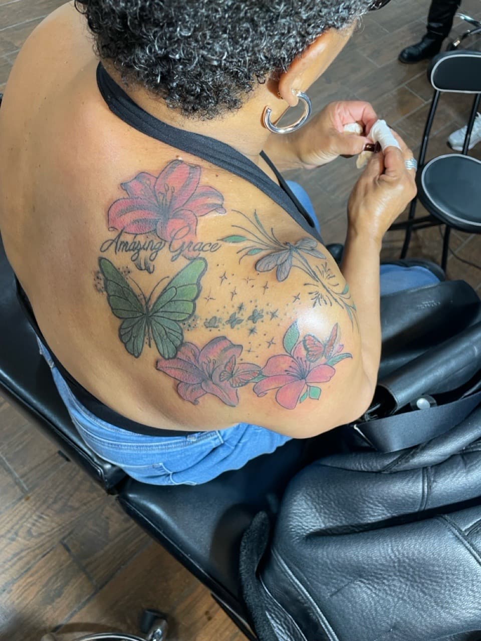 Floral + Color flowers tattoo on Shoulder Blade by Ariesinkedme on TattMe