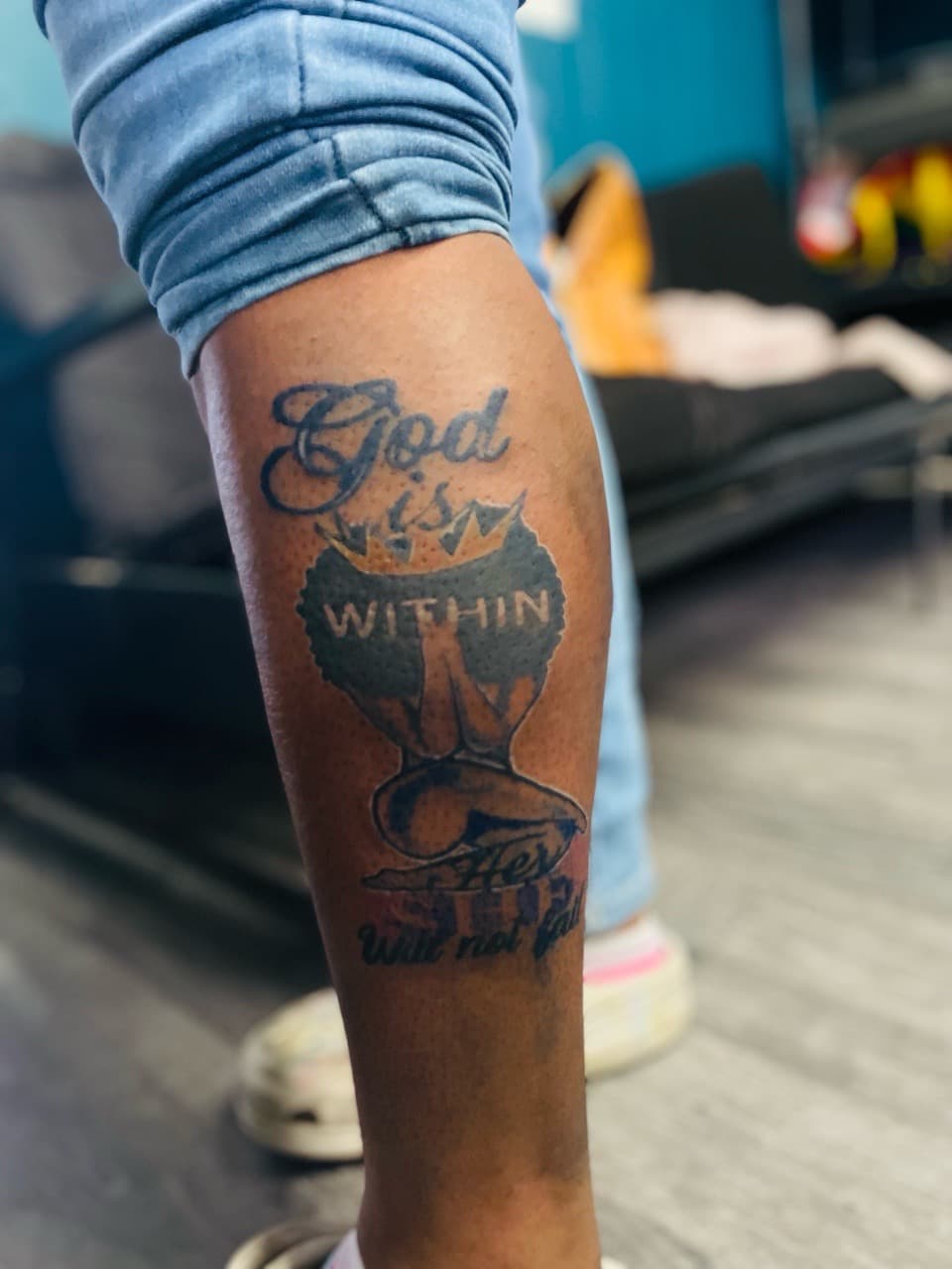 Lettering + Script woman tattoo on Calf by Ariesinkedme on TattMe
