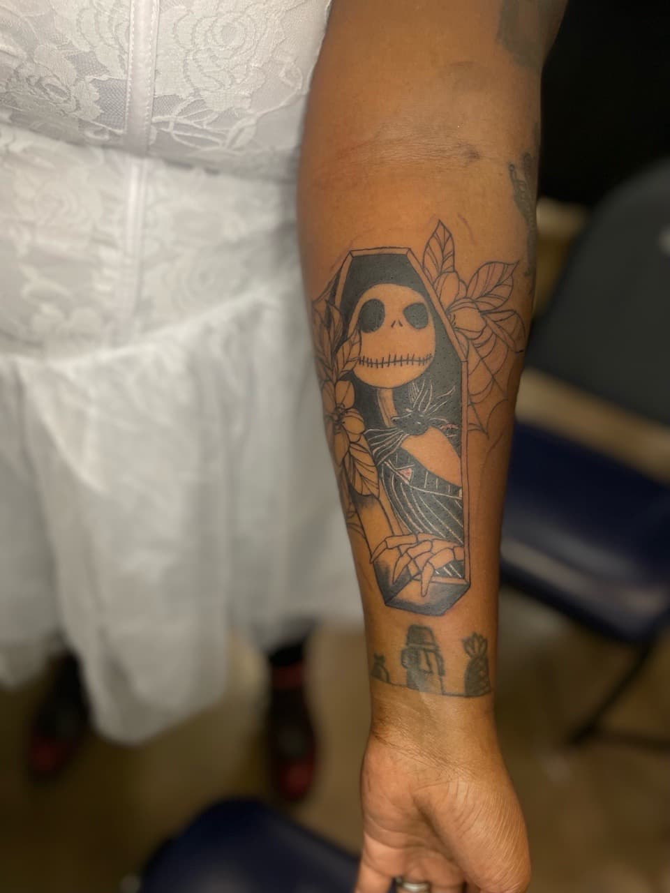 Black-work + Pop Culture skeleton tattoo on Forearm by Ariesinkedme on TattMe