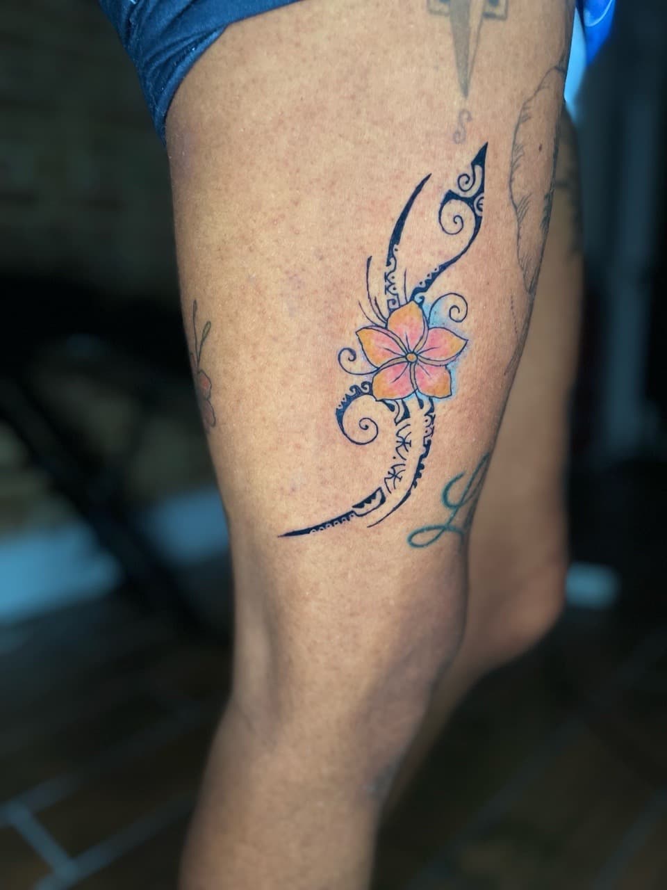 Floral + Color flower tattoo on Thigh by Ariesinkedme on TattMe