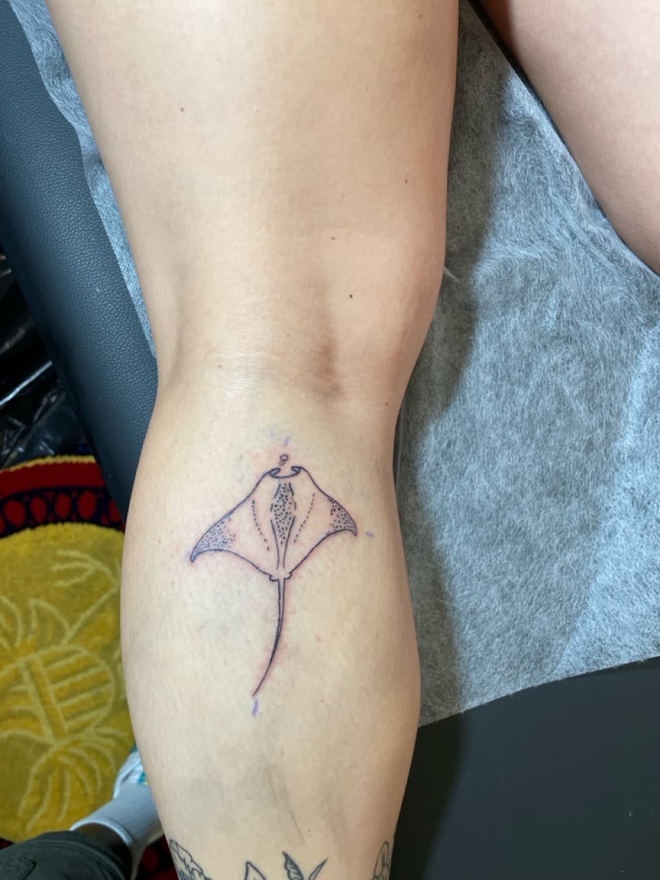 Fine Line + Black-work manta ray tattoo on Calf by Ariesinkedme on TattMe