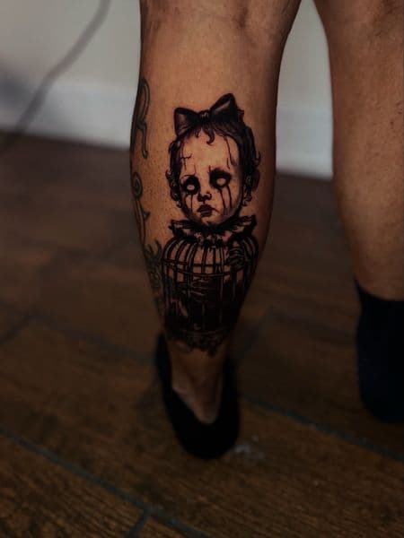 Black & Grey + Illustrative doll tattoo on Calf by Ariesinkedme on TattMe