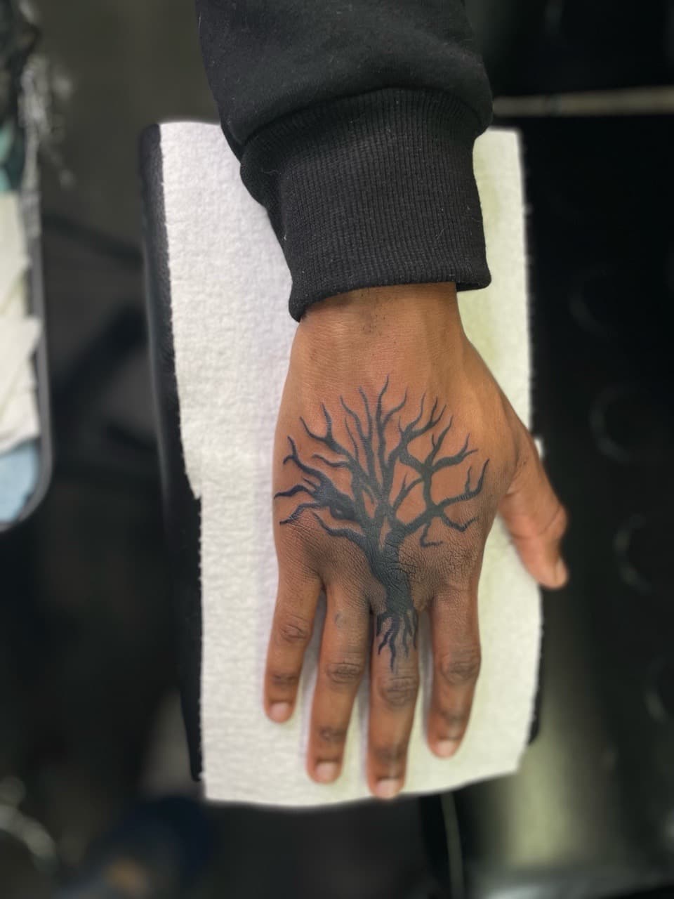 Black-work + Illustrative tree tattoo on Hand by Ariesinkedme on TattMe