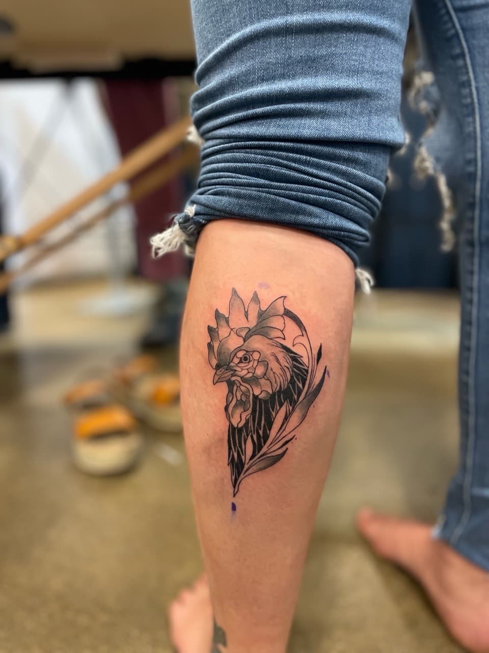 Black & Grey + Illustrative rooster tattoo on Calf by Ariesinkedme on TattMe