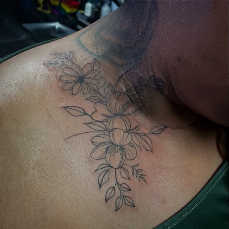 Floral + Fine Line flowers tattoo on Shoulder Blade by Ariesinkedme on TattMe