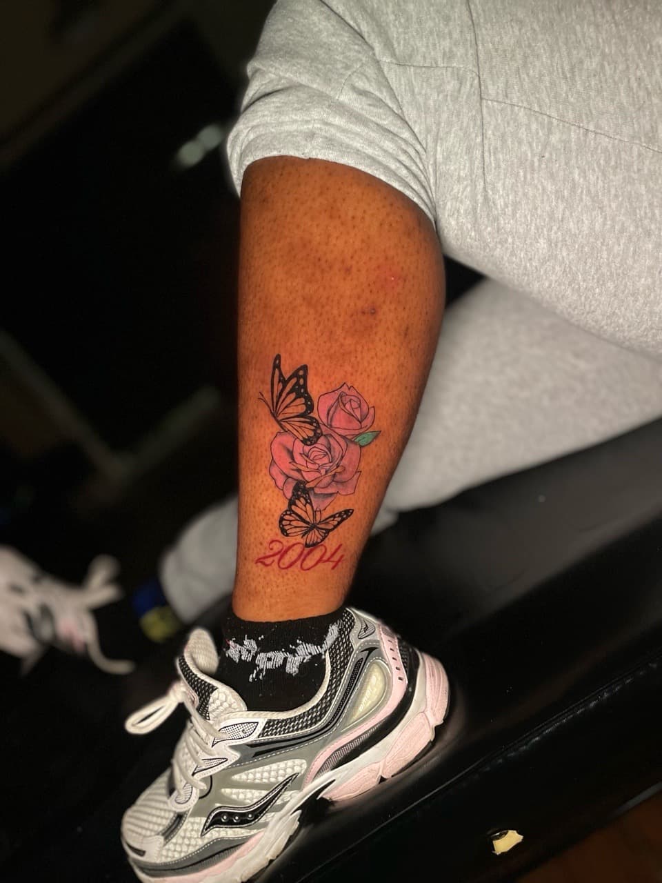Floral + Color butterflies tattoo on Calf by Ariesinkedme on TattMe