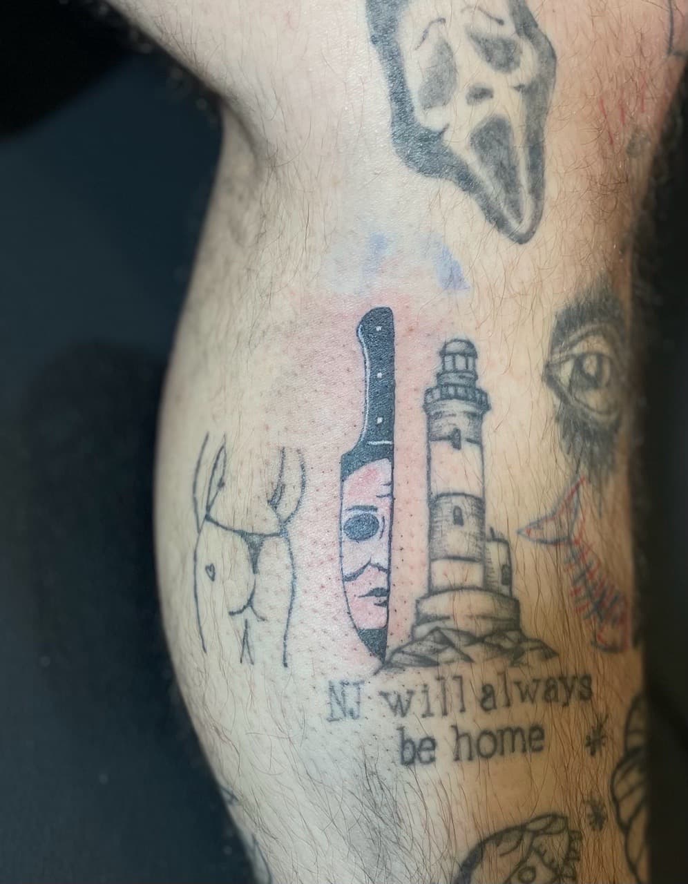 Black & Grey + Pop Culture knife tattoo on Calf by Ariesinkedme on TattMe