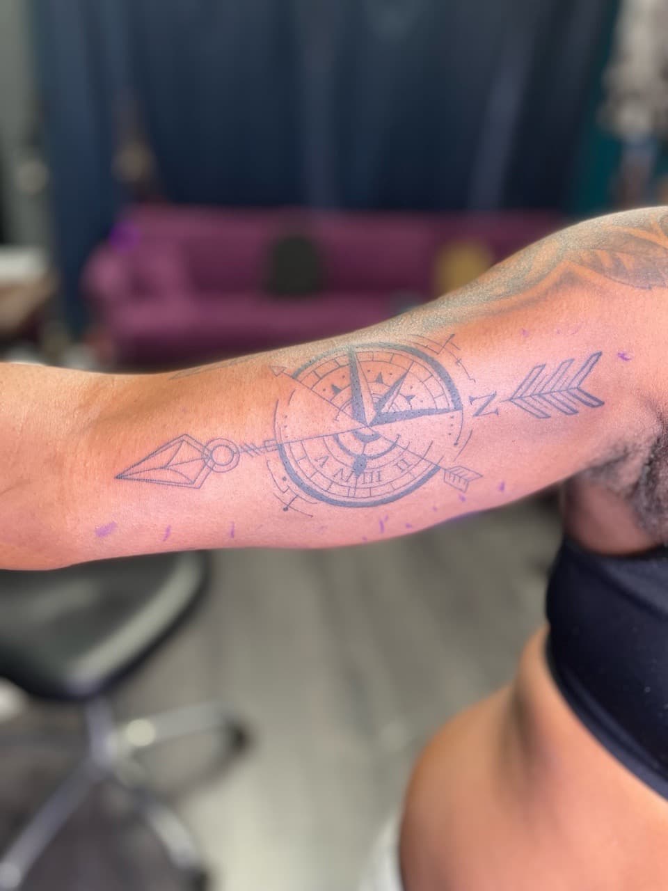 Line-work + Geometric compass tattoo on Upper Arm by Ariesinkedme on TattMe