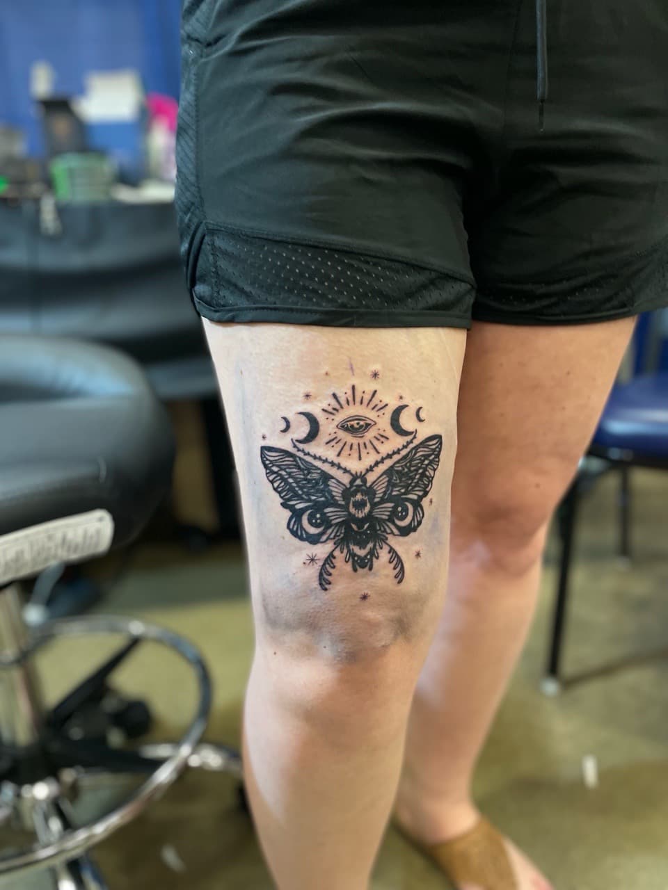 Black-work + Illustrative moth tattoo on Thigh by Ariesinkedme on TattMe