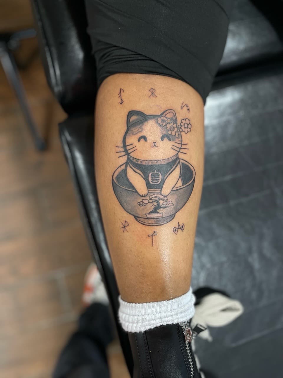 Black & Grey + Japanese cat tattoo on Calf by Ariesinkedme on TattMe