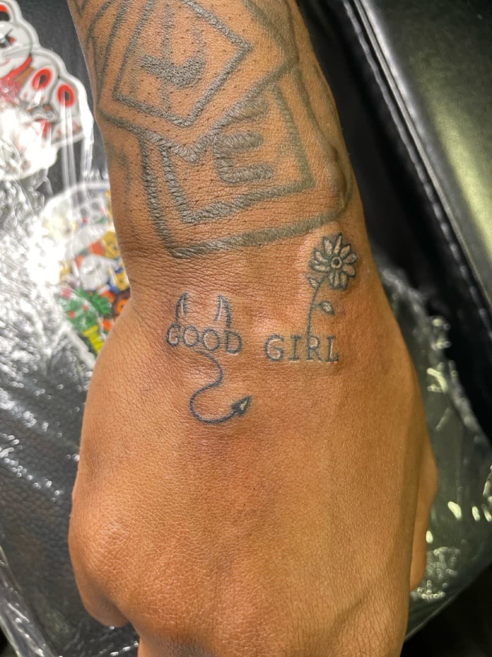 Lettering + Fine Line flower tattoo on Hand by Ariesinkedme on TattMe