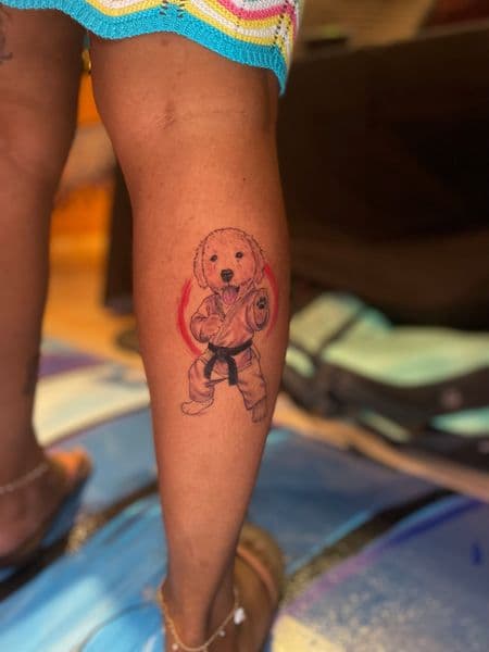 Illustrative + Color dog tattoo on Calf by Ariesinkedme on TattMe