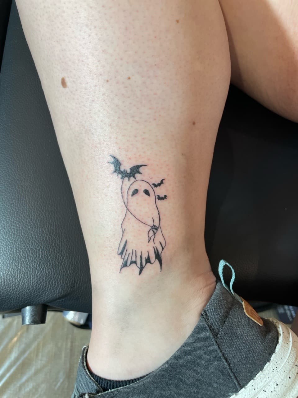 Black-work + Minimalist ghost tattoo on Ankle by Ariesinkedme on TattMe