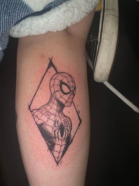 Pop Culture + Line-work spider-man tattoo on Calf by Ariesinkedme on TattMe