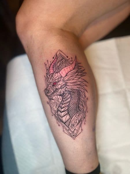 Line-work + Geometric dragon tattoo on Calf by Ariesinkedme on TattMe