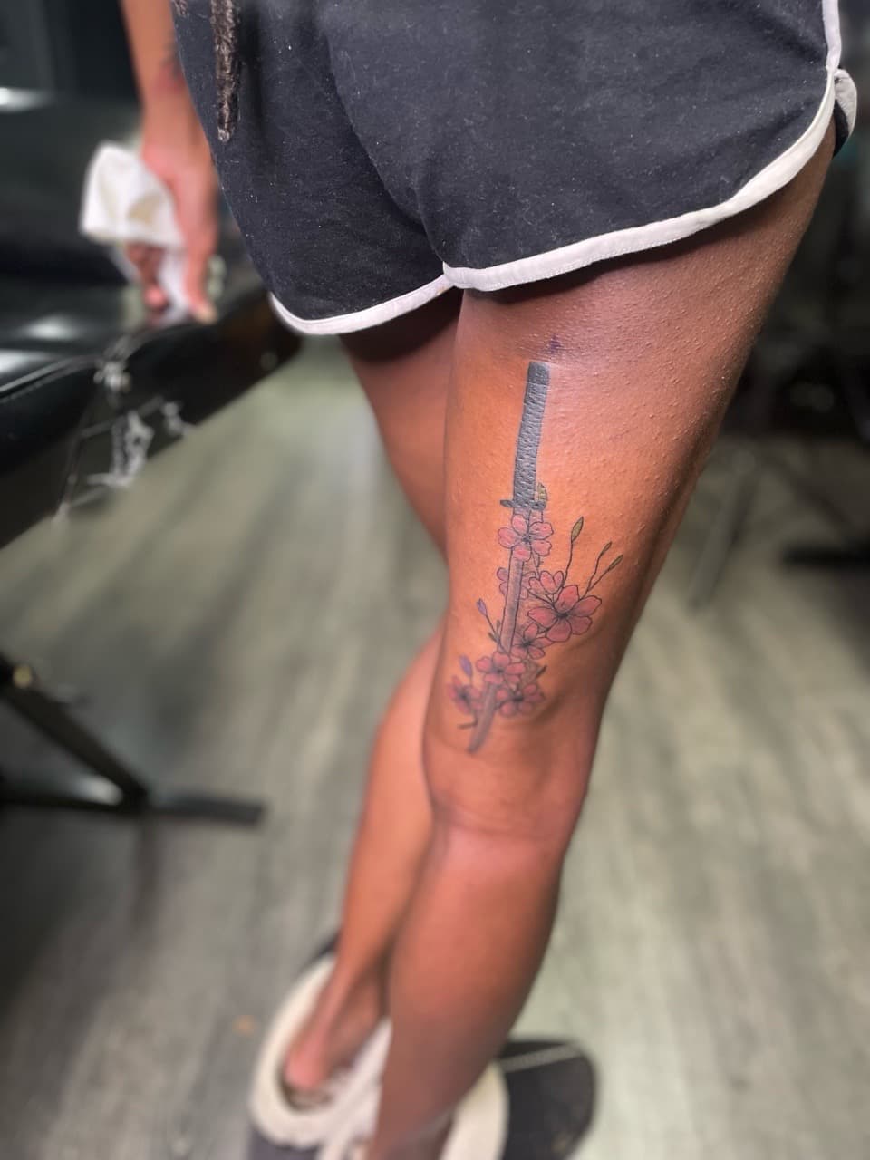 Fine Line + Floral sword tattoo on Thigh by Ariesinkedme on TattMe