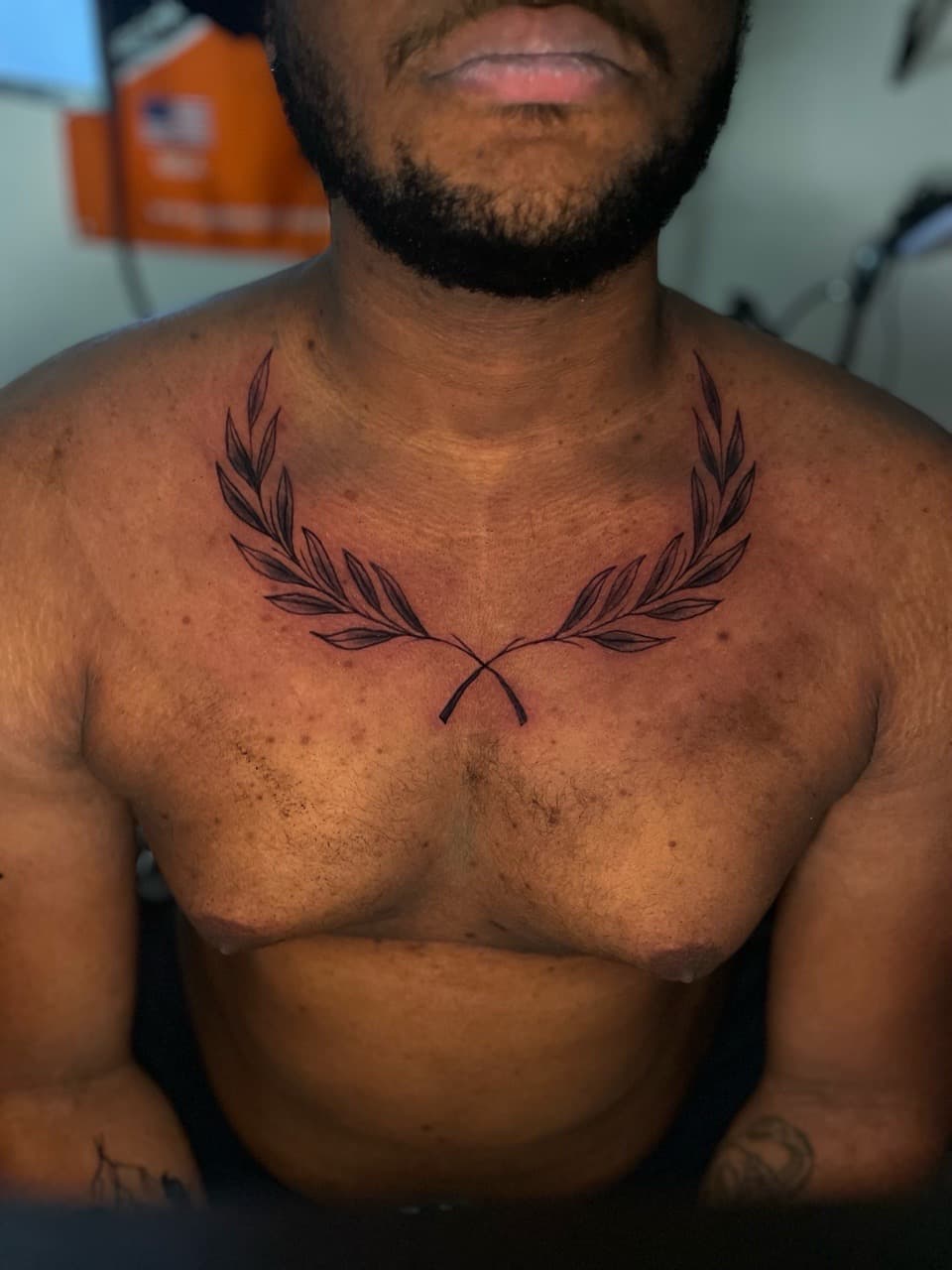 Fine Line + Black-work wreath tattoo on Chest by Ariesinkedme on TattMe