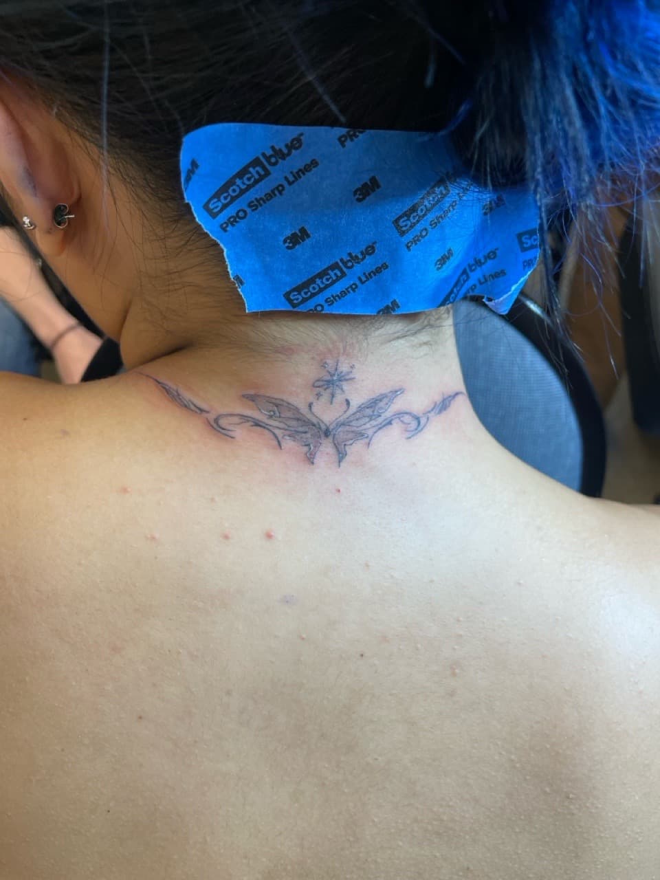Fine Line + Illustrative butterfly tattoo on Neck (Back) by Ariesinkedme on TattMe