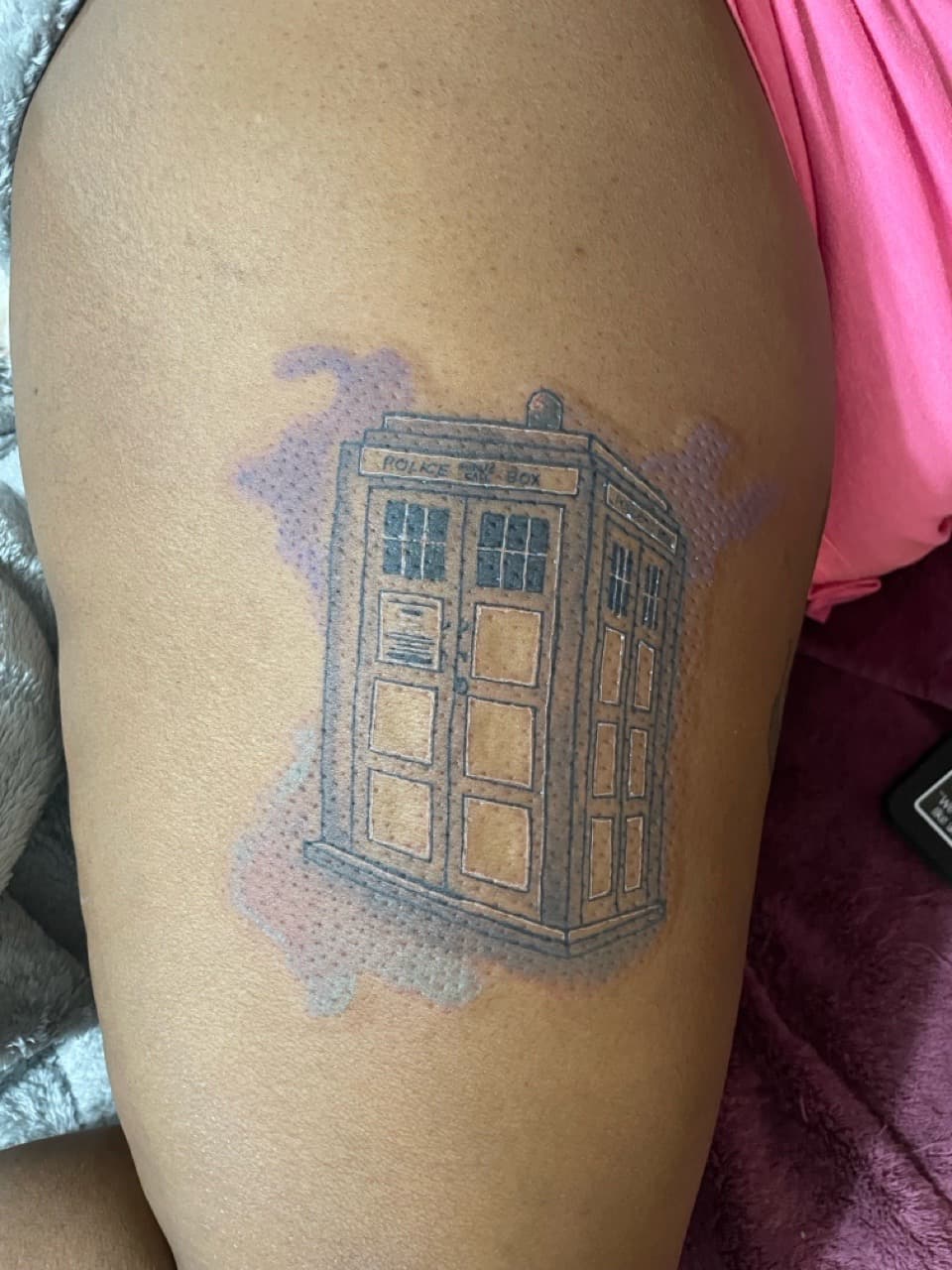 Line-work + Black-work tardis tattoo on Thigh by Ariesinkedme on TattMe