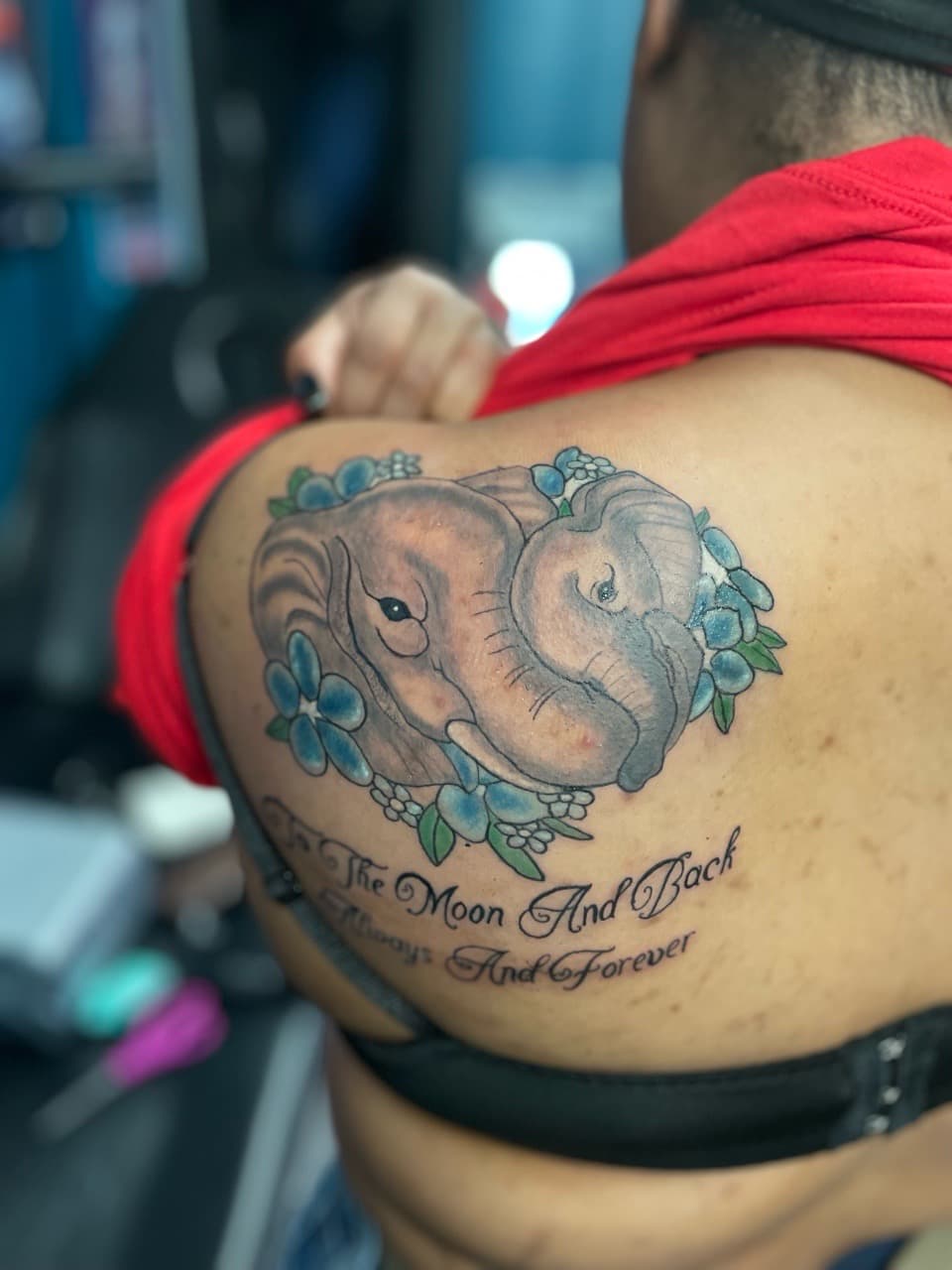 Black & Grey + Color elephants tattoo on Shoulder Blade by Ariesinkedme on TattMe