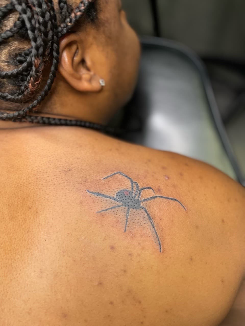 Black-work + Dot-work spider tattoo on Shoulder Blade by Ariesinkedme on TattMe