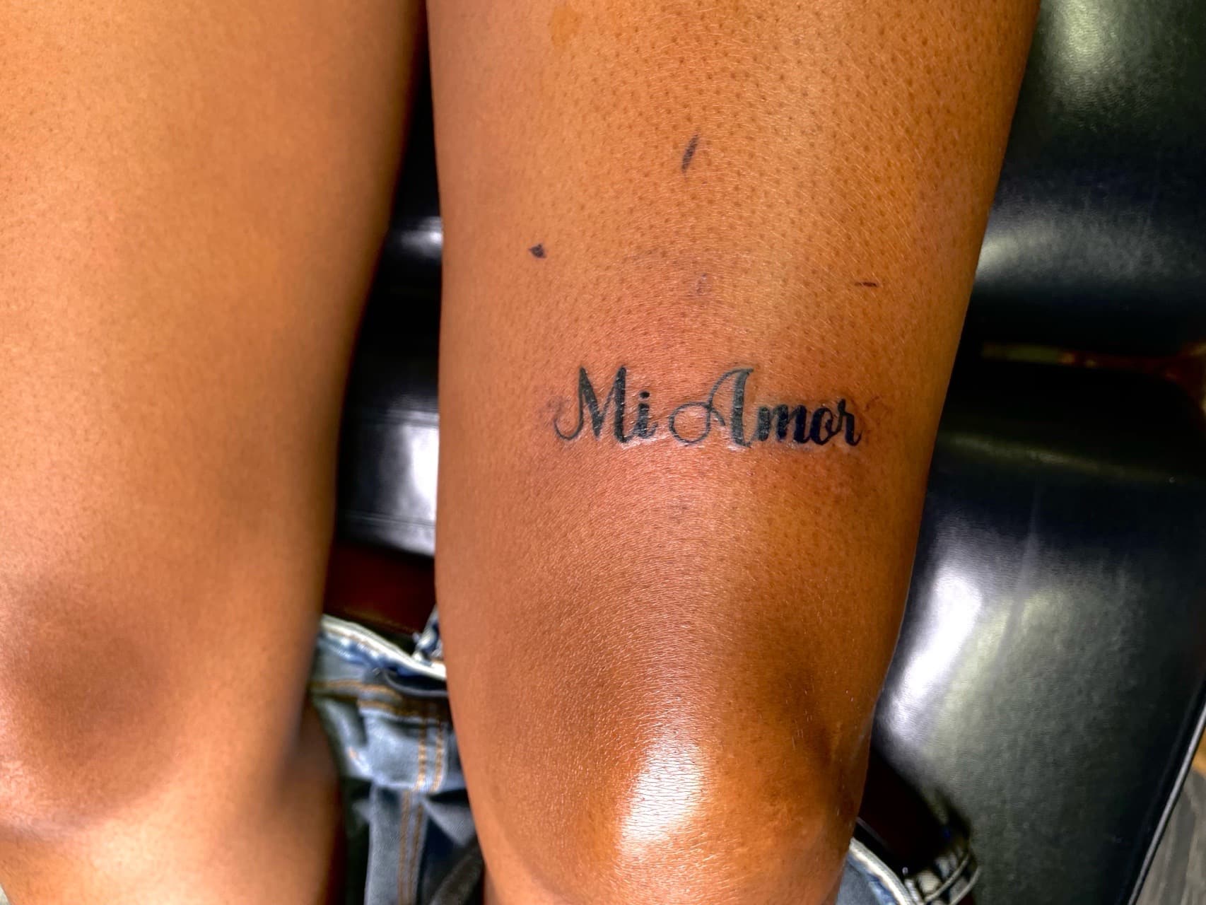 Lettering + Script mi amor tattoo on Thigh by Ariesinkedme on TattMe