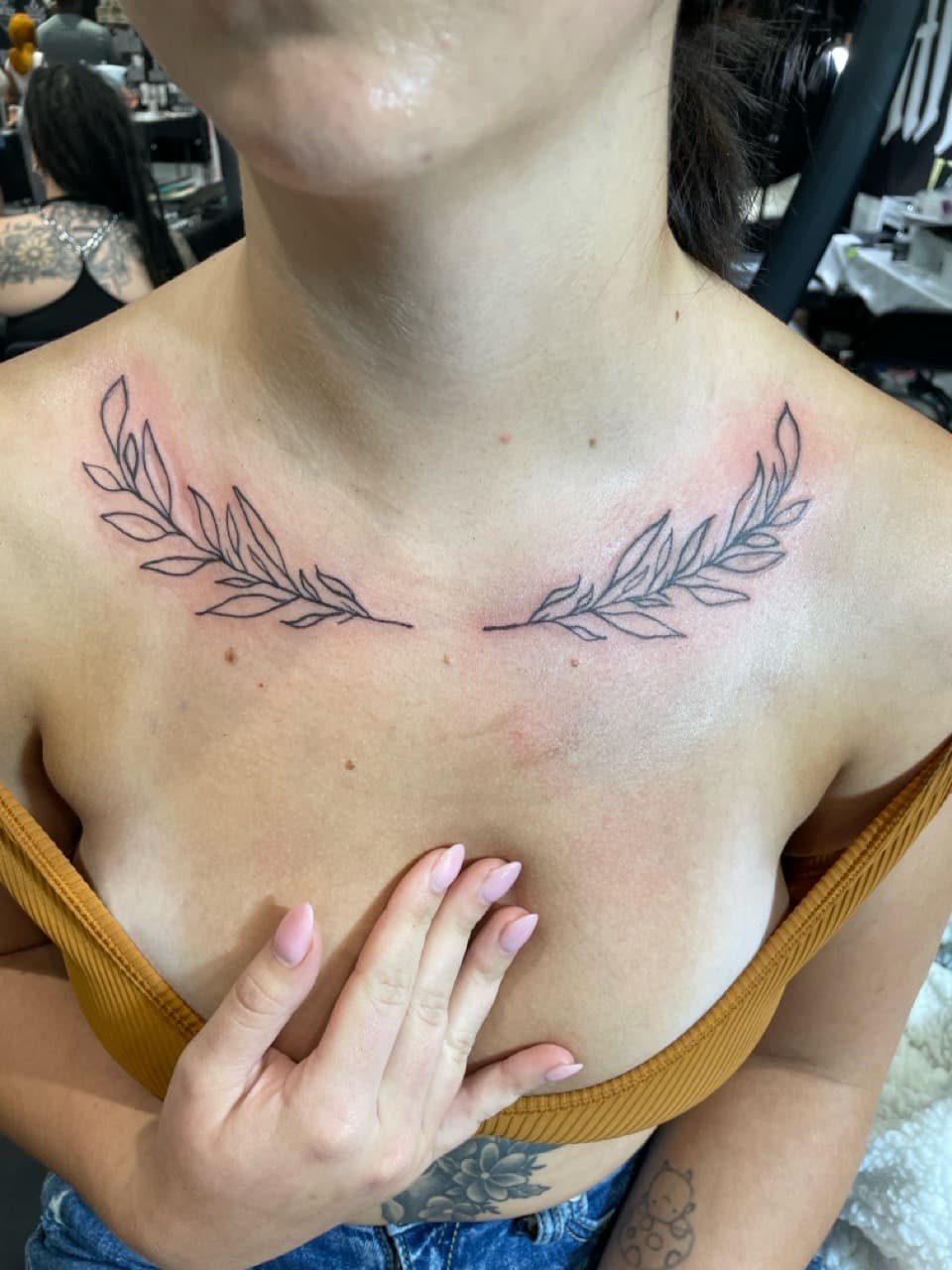 Fine Line + Floral leaves tattoo on Sternum by Ariesinkedme on TattMe