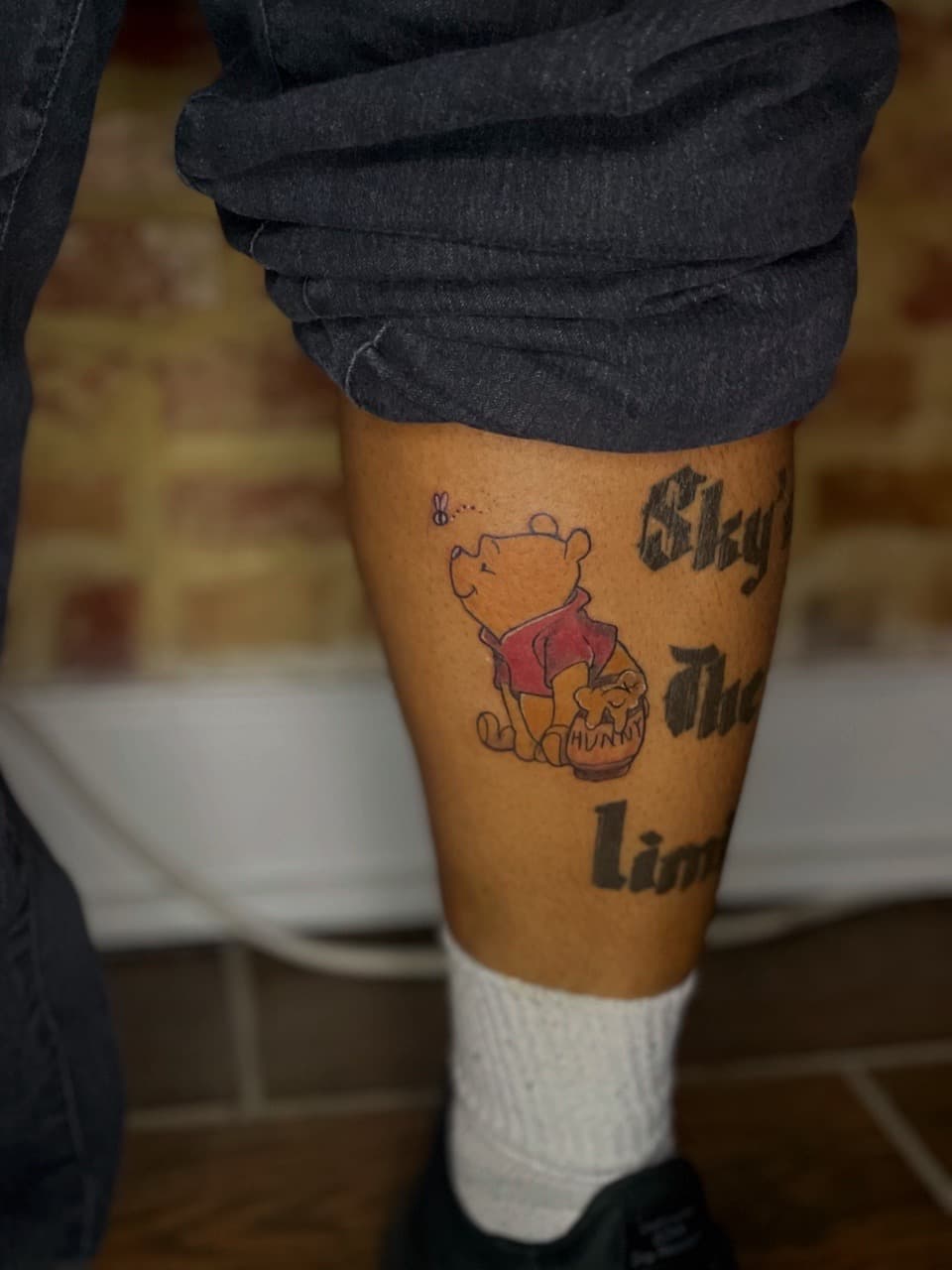 Cartoon + Color winnie the pooh tattoo on Calf by Ariesinkedme on TattMe