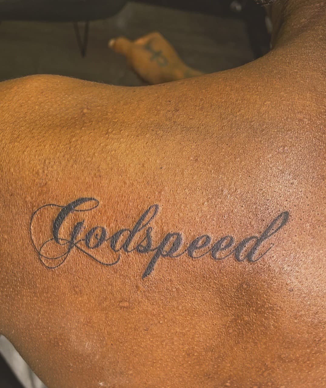 Lettering + Script godspeed tattoo on Shoulder Blade by Ariesinkedme on TattMe