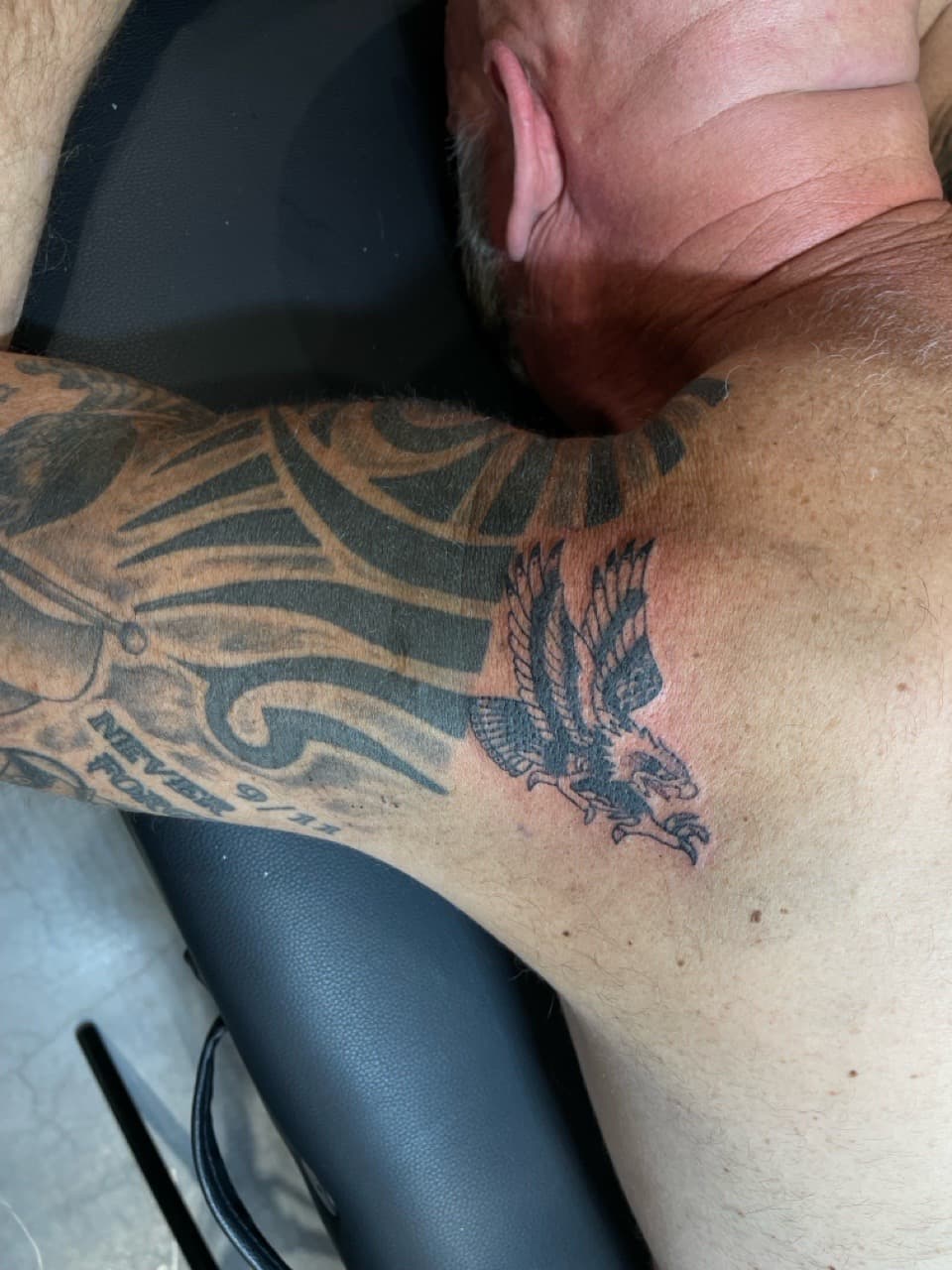 Black-work + Illustrative eagle tattoo on Upper Arm by Ariesinkedme on TattMe