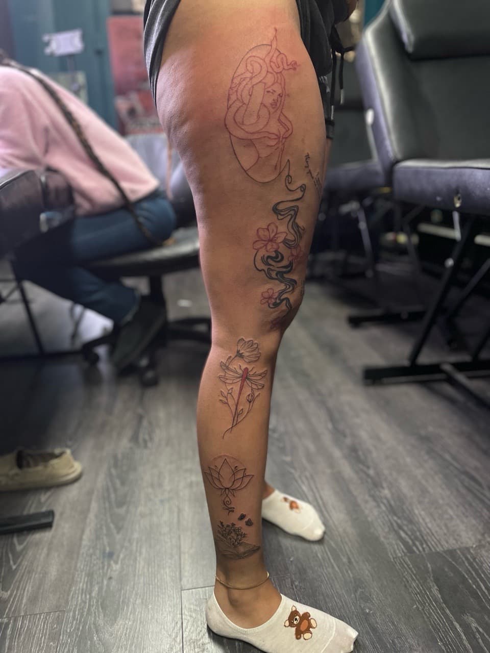 Fine Line + Illustrative medusa tattoo on Full Leg Sleeve by Ariesinkedme on TattMe