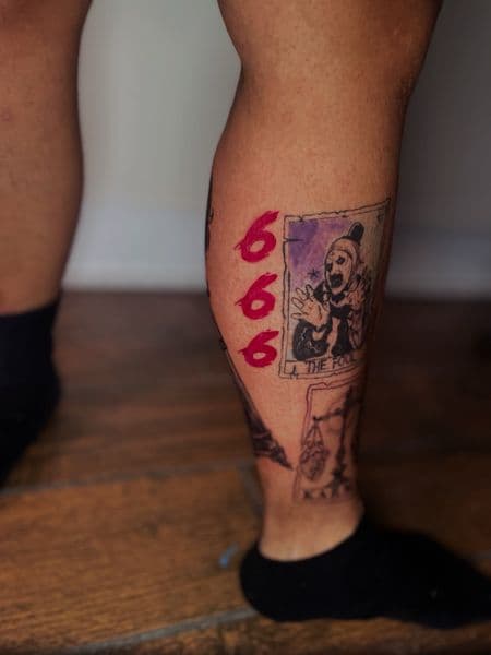 Illustrative + Color 666 tattoo on Calf by Ariesinkedme on TattMe