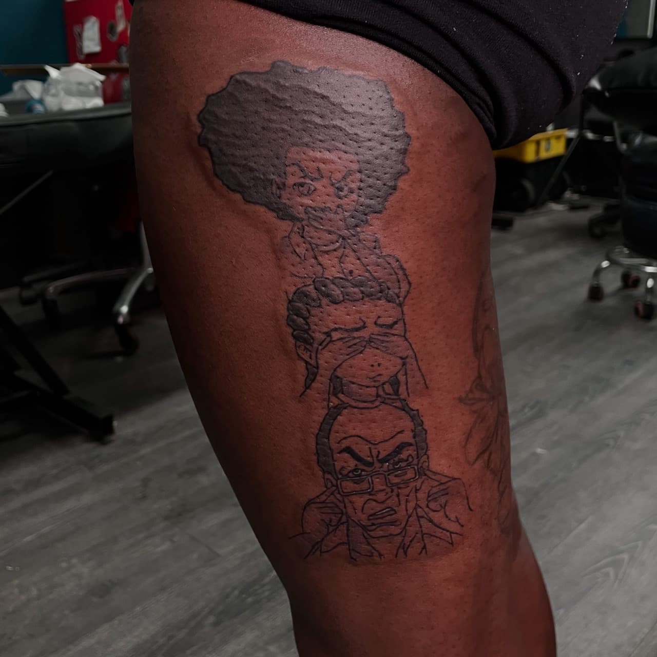 Cartoon + Line-work characters tattoo on Thigh by Ariesinkedme on TattMe