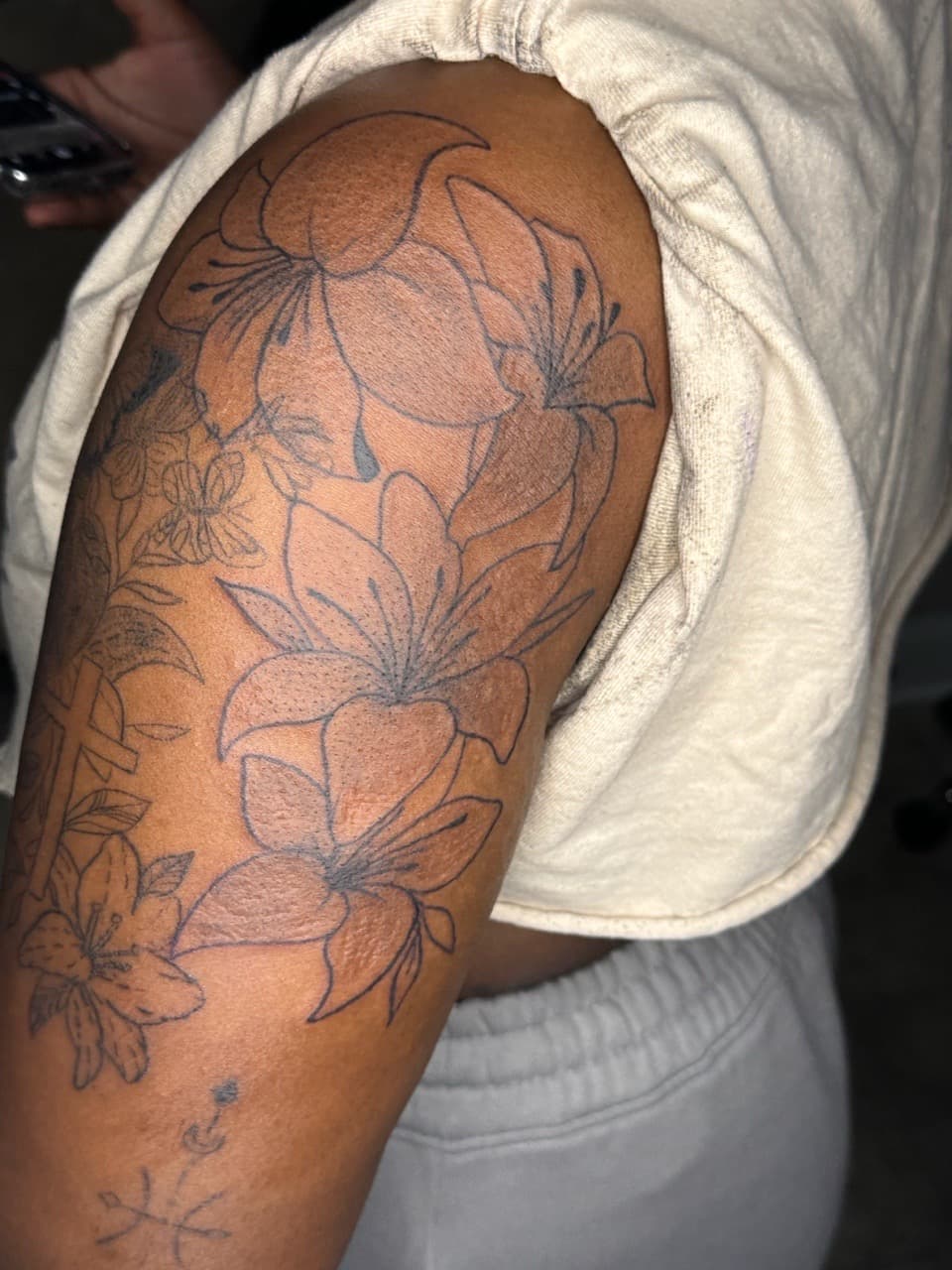 Fine Line + Floral flowers tattoo on Upper Arm by zahtattedit on TattMe