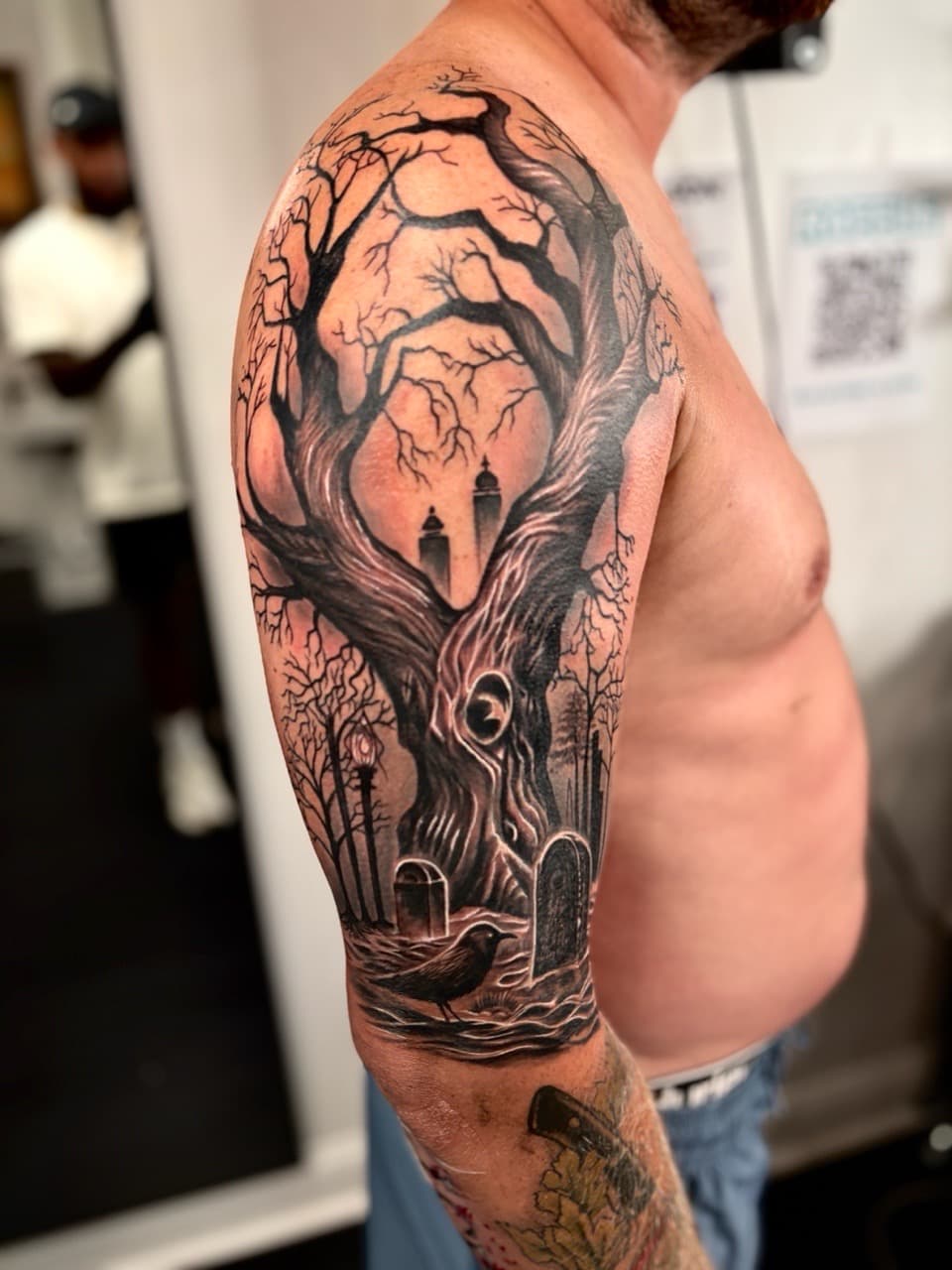 Black & Grey + Illustrative tree tattoo on Upper Arm by Damionjonestattoos on TattMe