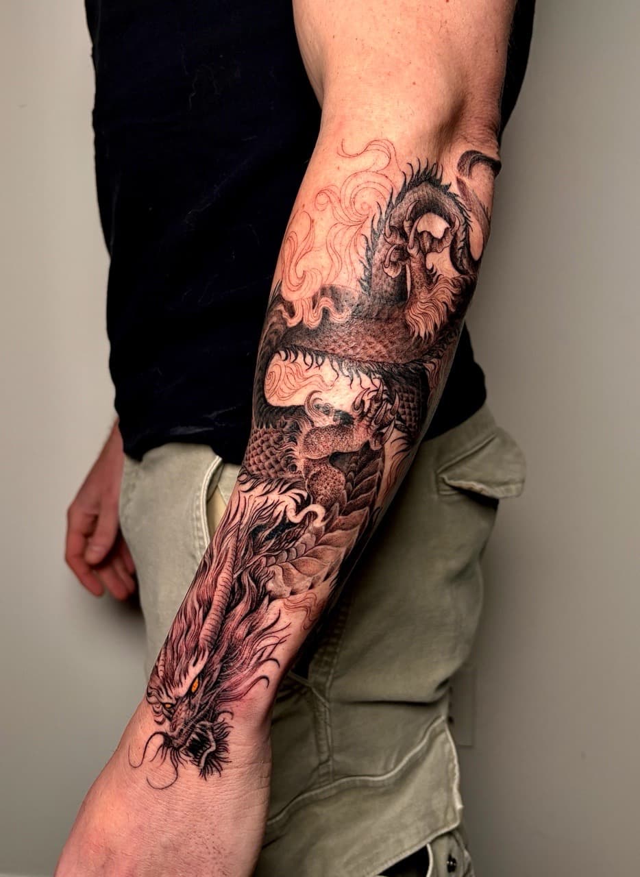 Japanese + Black & Grey dragon tattoo on Forearm by Damionjonestattoos on TattMe